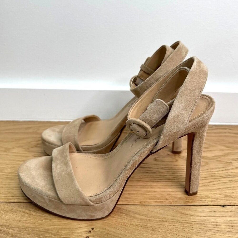 Veronica Beard Darcelle Suede Taupe Ankle-Strap Stiletto Heel